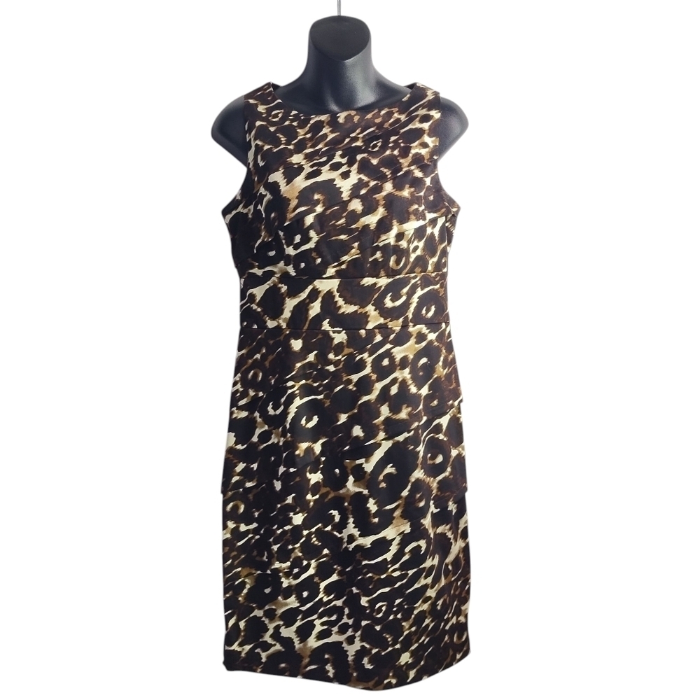 Calvin Klein Women's Sheath Dress Black Brown Animal Print Sleeveless Layered 6
